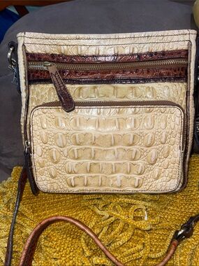 Brahmin Cream Croc-Embossed Crossbody with Brown Trim